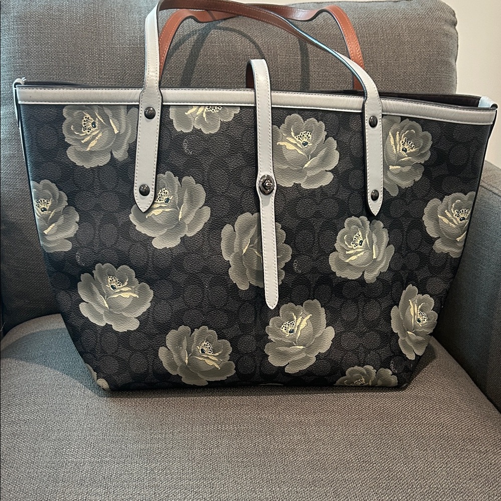 Coach Gray and Slate Blue Floral Tote